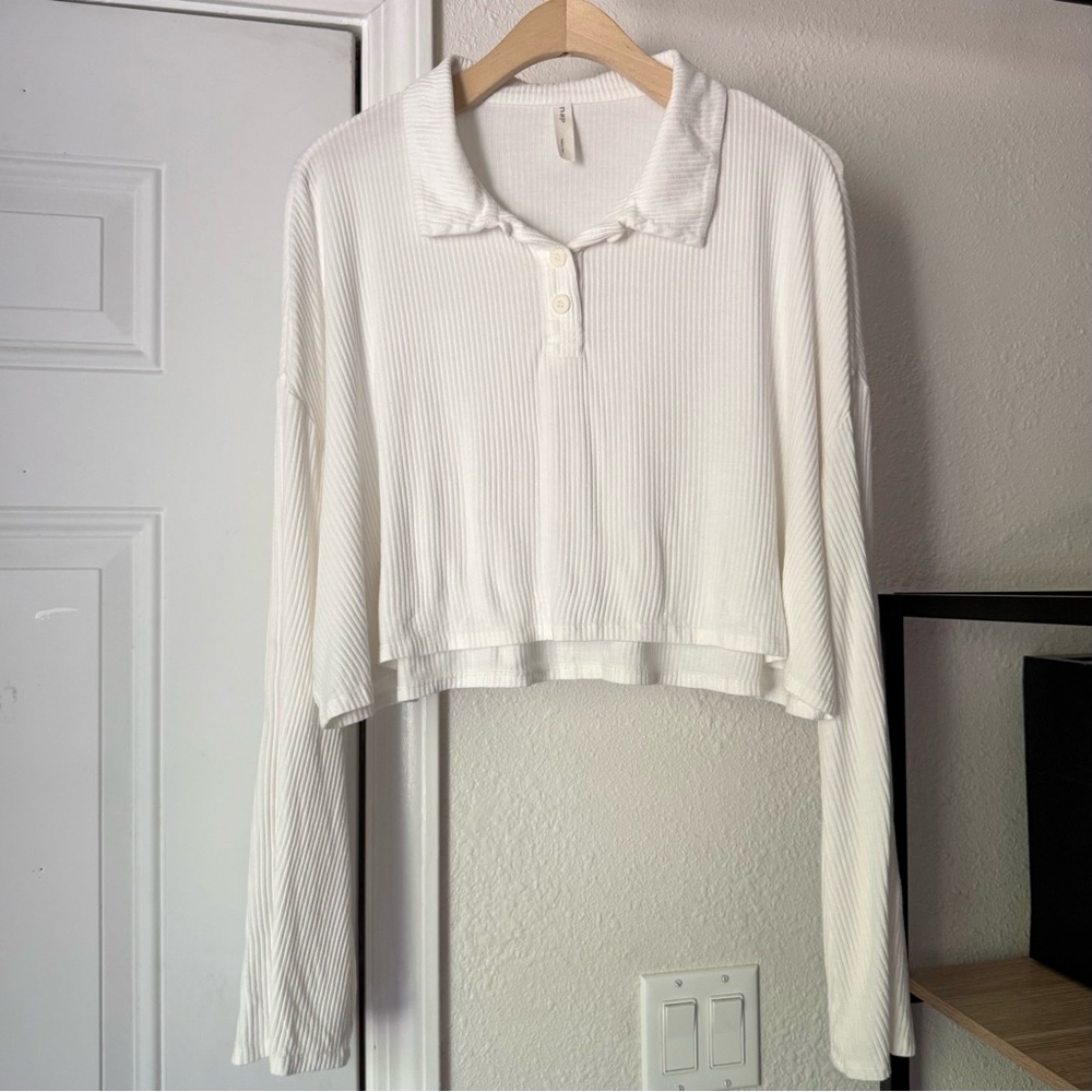 NAP white rib ribbed brushed knit stretchy oversized boxy cropped polo shirt top